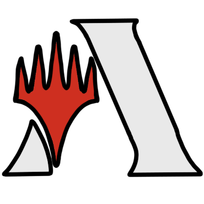 The Magic: the Gathering Arena logo, coloured in flat red and silver and outlined in black.